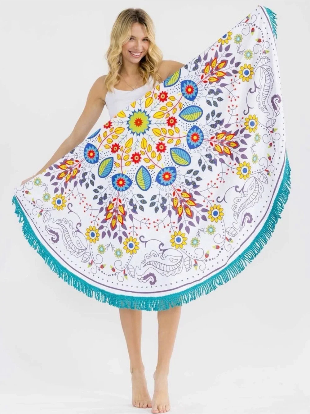 AndTheWhy Round Floral Medallion Beach Towel with Teal Fringe Boho Style NWT